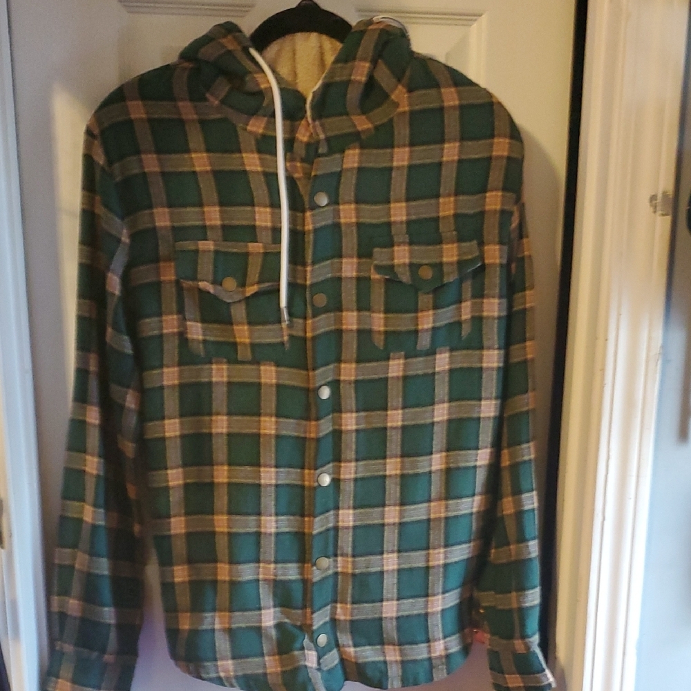 Something Borrowed Red Plaid Snap Front Hooded Shacket Jacket M